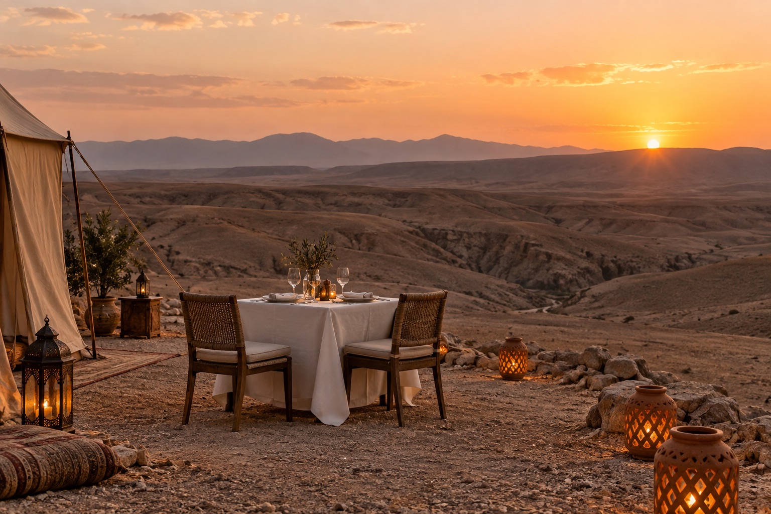 Illustration d’un dîner privé face aux collines du désert au coucher du soleil