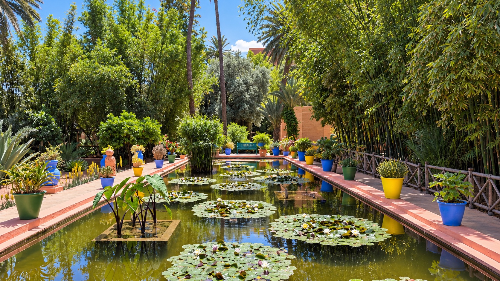 Jardin Majorelle — Le bassin aux nénuphars et ses allées colorées