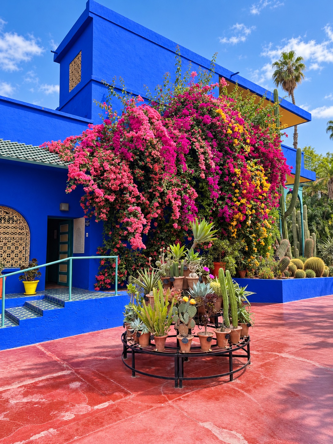 Jardin Majorelle — La façade bleue et les bougainvilliers en fleurs