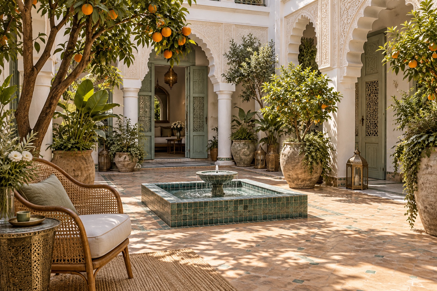 Illustration d’un patio paisible avec orangers et fontaine